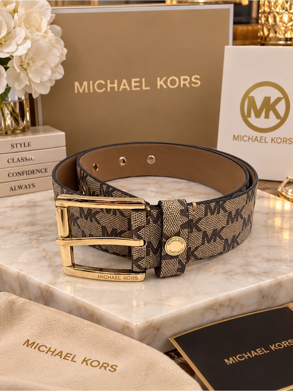 Michael Kors MK Logo Belt Brown Gold Buckle Classic Monogram